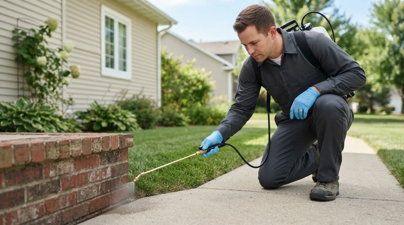 Pest control technician treating a home near Lansing, NY